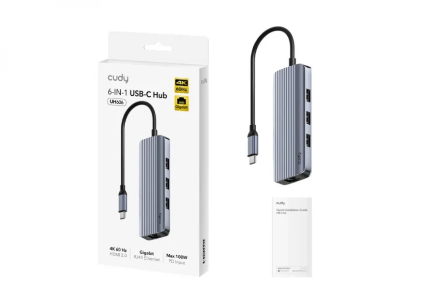 Adapter-konverter Cudy UH606 USB Tip C 3xUSB-A 3.0/RJ-45/HDMI/USB-C