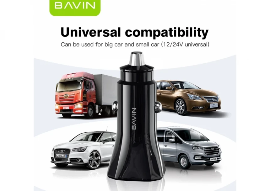 Bavin auto punjač max 38W PD20W+ QC3.0 USB-A + USB-C crna