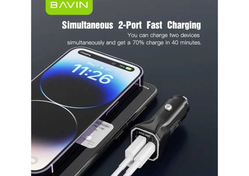 Bavin auto punjač max 38W PD20W+ QC3.0 USB-A + USB-C crna