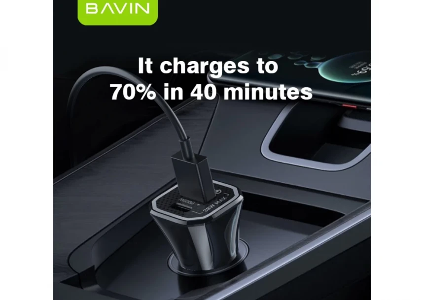 Bavin auto punjač max 38W PD20W+ QC3.0 USB-A + USB-C crna