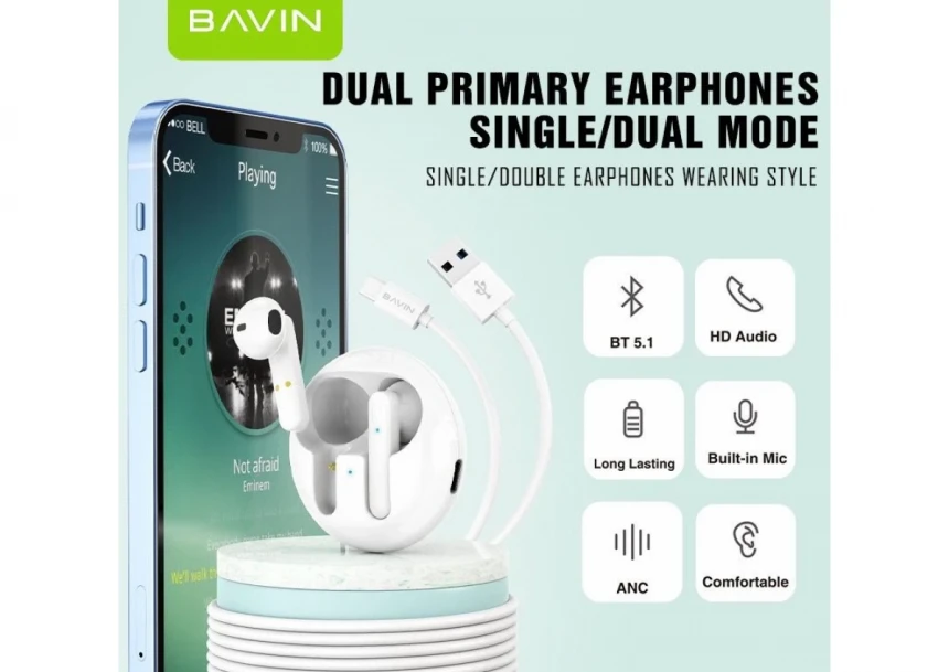 Bavin Earbuds Wireless slušalice + kabl type-C bela