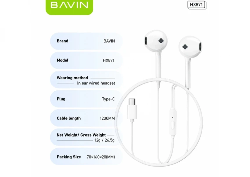 Bavin slušalice Type-C bela