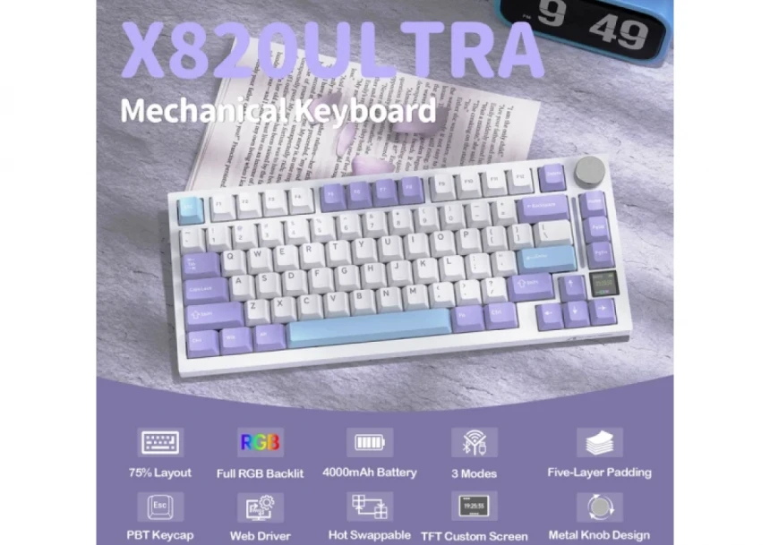 Bežična gaming tastatur Attack Shark X820Ultra Mehanička/TriMode/TFT Screen/Gasket/Lavender