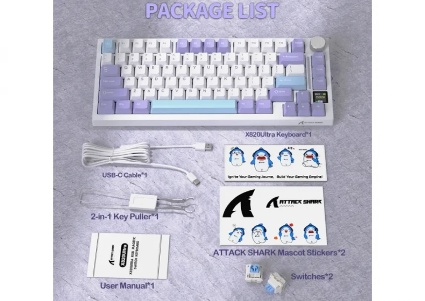 Bežična gaming tastatur Attack Shark X820Ultra Mehanička/TriMode/TFT Screen/Gasket/Lavender