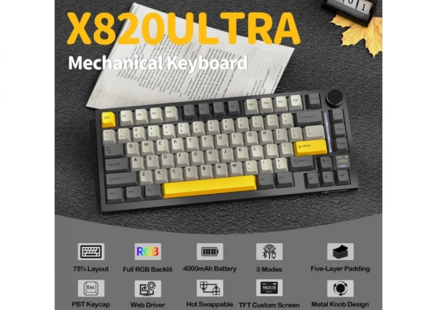 Bežična gaming tastatur Attack Shark X820Ultra Mehanička/TriMode/TFT Screen/Gasket/Starry Black