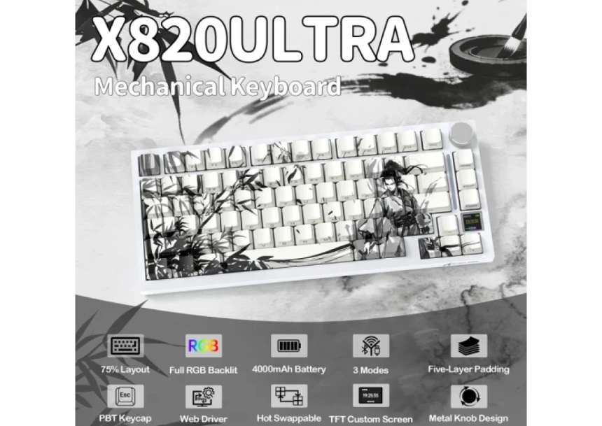 Bežična gaming tastatur Attack Shark X820Ultra Mehanička/TriMode/TFT Screen/Gaskett/Dark Warrior