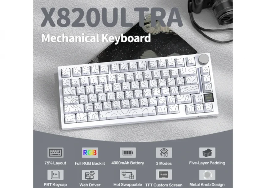 Bežična gaming tastatur Attack Shark X820Ultra Mehanička/TriMode/TFT Screen/Gasket/White Countur