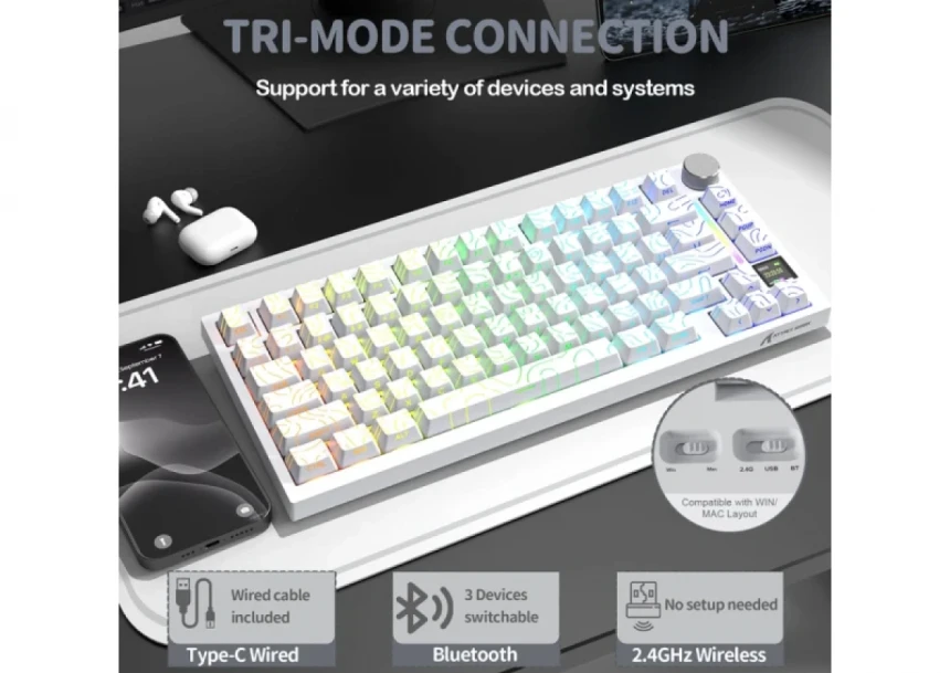 Bežična gaming tastatur Attack Shark X820Ultra Mehanička/TriMode/TFT Screen/Gasket/White Countur