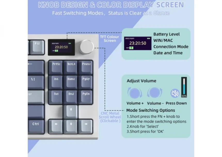 Bežična gaming tastatura Attack Shark K86 Mehanička/TriMode/TFT Screen/Media Control/Lavender Blue