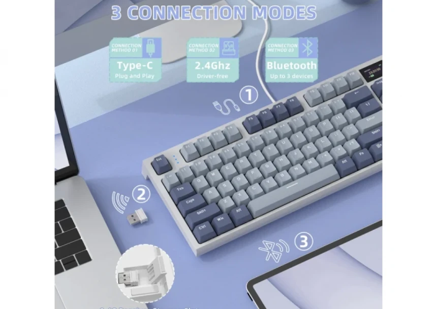 Bežična gaming tastatura Attack Shark K86 Mehanička/TriMode/TFT Screen/Media Control/Lavender Blue