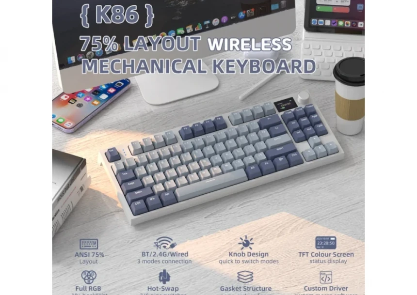 Bežična gaming tastatura Attack Shark K86 Mehanička/TriMode/TFT Screen/Media Control/Lavender Blue