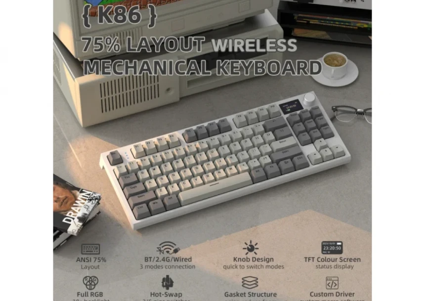 Bežična gaming tastatura Attack Shark K86 Mehanička/TriMode/TFT Screen/Media Control/Retro Gray