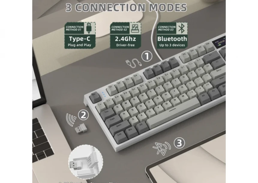 Bežična gaming tastatura Attack Shark K86 Mehanička/TriMode/TFT Screen/Media Control/Retro Gray