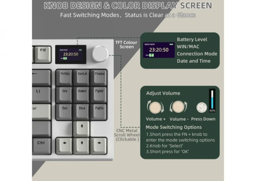 Bežična gaming tastatura Attack Shark K86 Mehanička/TriMode/TFT Screen/Media Control/Retro Gray