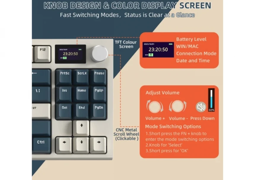 Bežična gaming tastatura Attack Shark K86 Mehanička/TriMode/TFT Screen/Media Control/Timing Machine