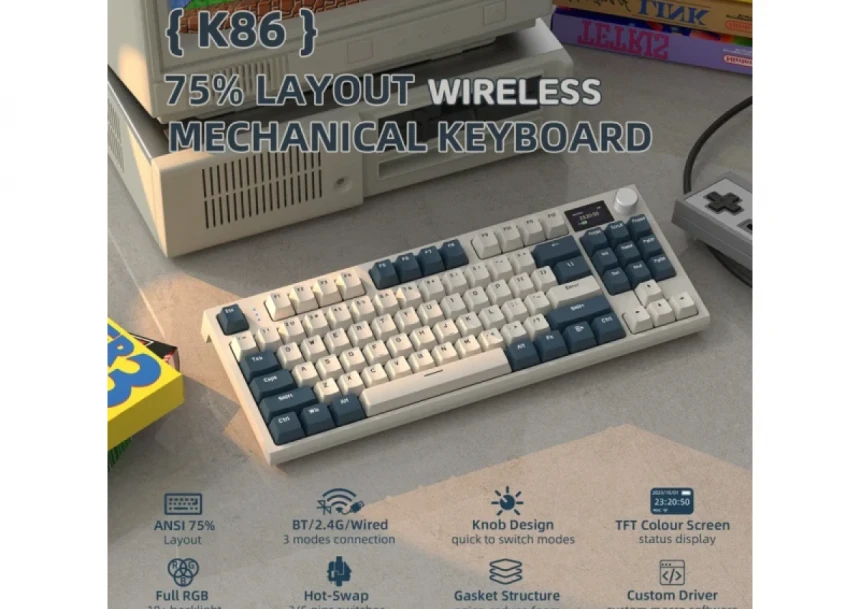 Bežična gaming tastatura Attack Shark K86 Mehanička/TriMode/TFT Screen/Media Control/Timing Machine