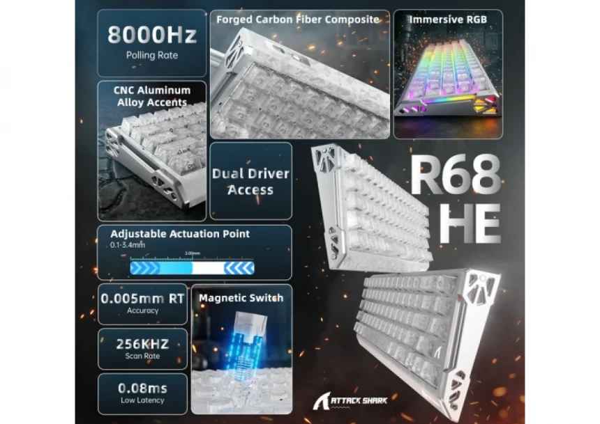 Bežična gaming tastatura Attack Shark R68HE Magnetic Switches/RT/Snap Tap/DKS/MT/TGL/Ice Ninja
