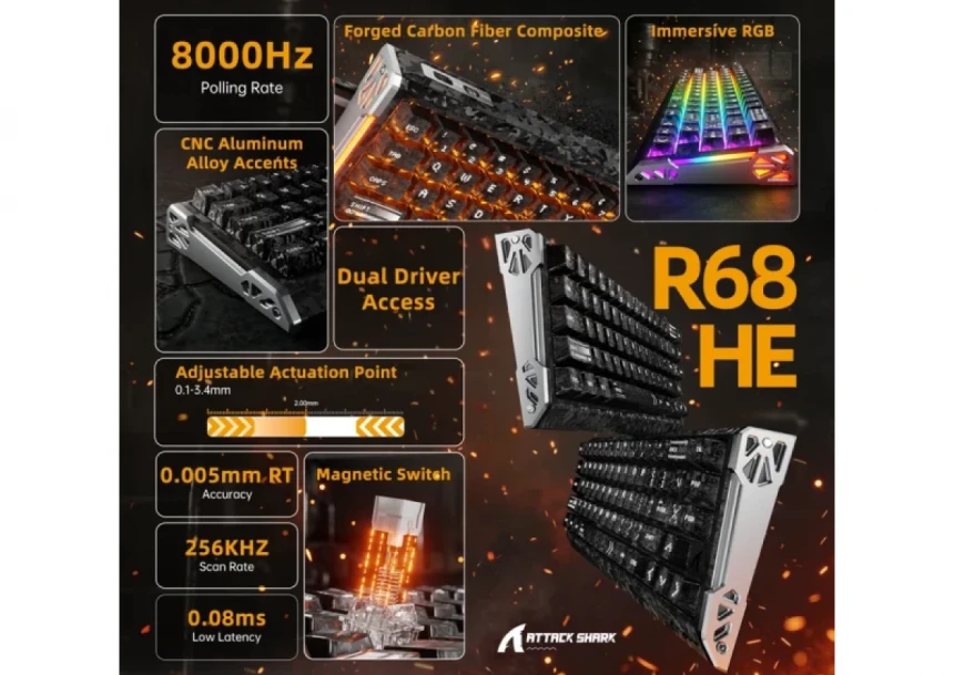 Bežična gaming tastatura Attack Shark R68HE Magnetic Switches/RT/Snap Tap/DKS/MT/TGL/Ink Shade