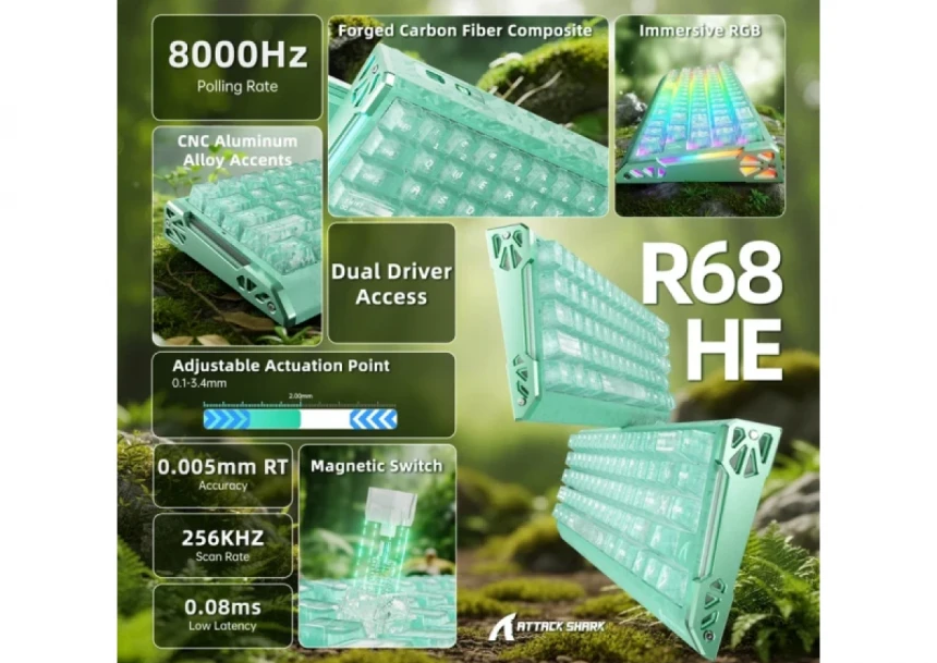 Bežična gaming tastatura Attack Shark R68HE Magnetic Switches/RT/Snap Tap/DKS/MT/TGL/Lake Green