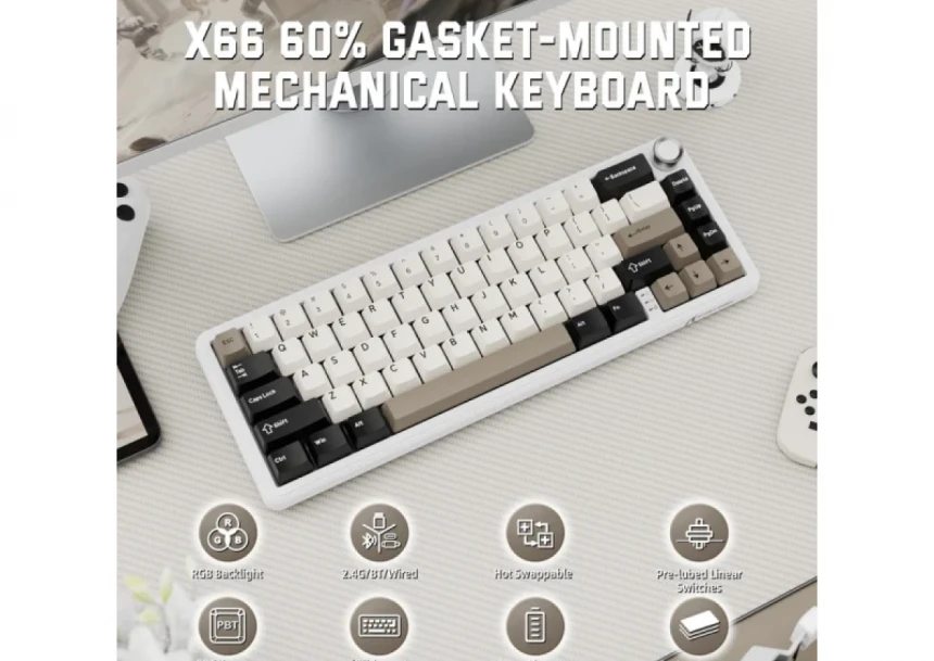 Bežična gaming tastatura Attack Shark X66 Mehanička/TriMode/Multimedia Control/Hot Swap/Cheese White