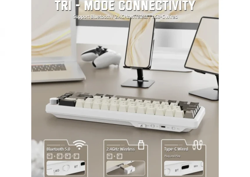 Bežična gaming tastatura Attack Shark X66 Mehanička/TriMode/Multimedia Control/Hot Swap/Cheese White