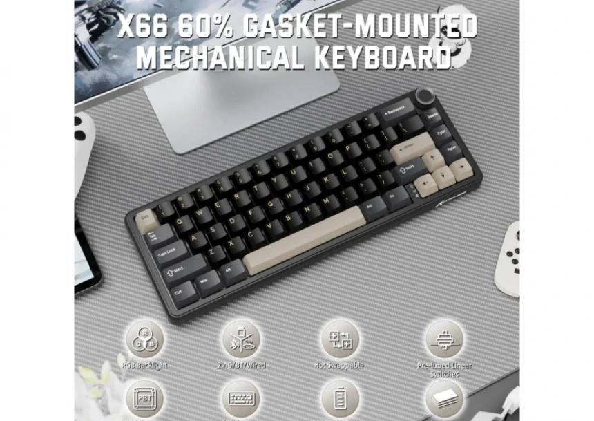 Bežična gaming tastatura Attack Shark X66 Mehanička/TriMode/Multimedia Control/Hot Swap/Star Black