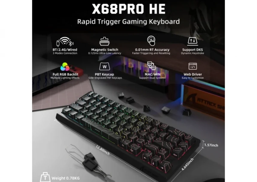 Bežična gaming tastatura Attack Shark  X68Pro HE Magnetic Swith/8KHz/TriMode/RT/SnapTap/Black cont