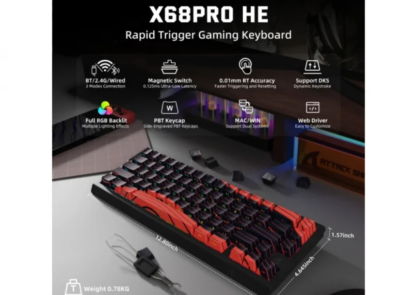 Bežična gaming tastatura Attack Shark  X68Pro HE Magnetic Swith/8KHz/TriMode/RT/SnapTap/Black red