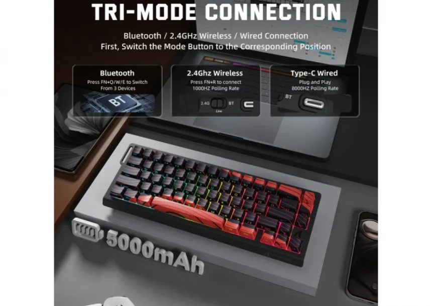 Bežična gaming tastatura Attack Shark  X68Pro HE Magnetic Swith/8KHz/TriMode/RT/SnapTap/Black red
