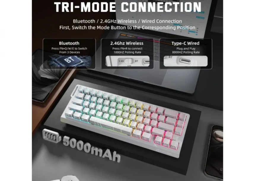 Bežična gaming tastatura Attack Shark  X68Pro HE Magnetic Swith/8KHz/TriMode/RT/SnapTap/White cont