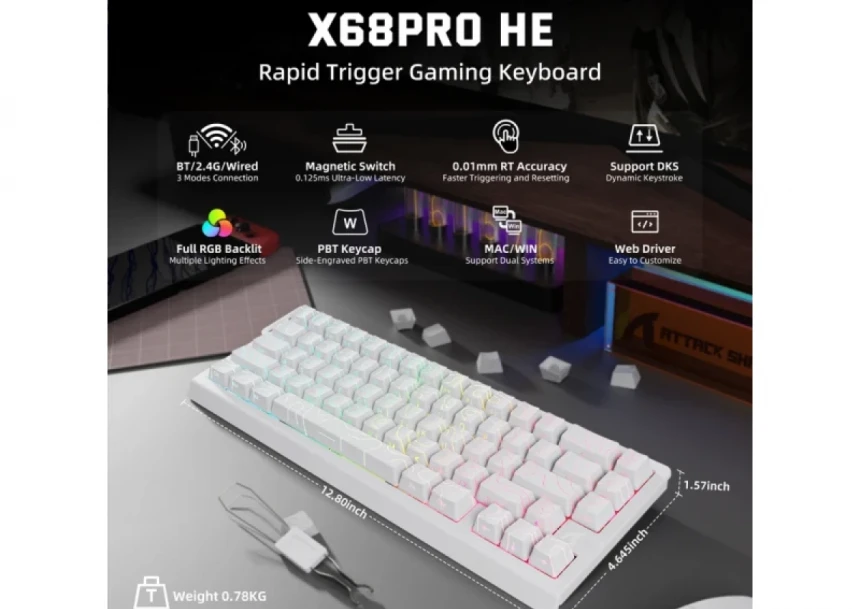 Bežična gaming tastatura Attack Shark  X68Pro HE Magnetic Swith/8KHz/TriMode/RT/SnapTap/White cont