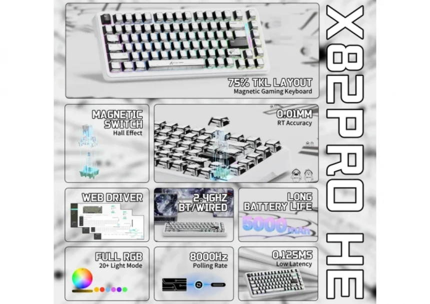 Bežična gaming tastatura Attack Shark X82 Pro HE Magnetic Switches/RT/SnapTap/DKS/MT/TGL/Comic White
