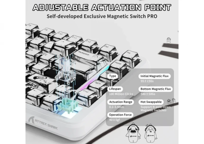 Bežična gaming tastatura Attack Shark X82 Pro HE Magnetic Switches/RT/SnapTap/DKS/MT/TGL/Comic White