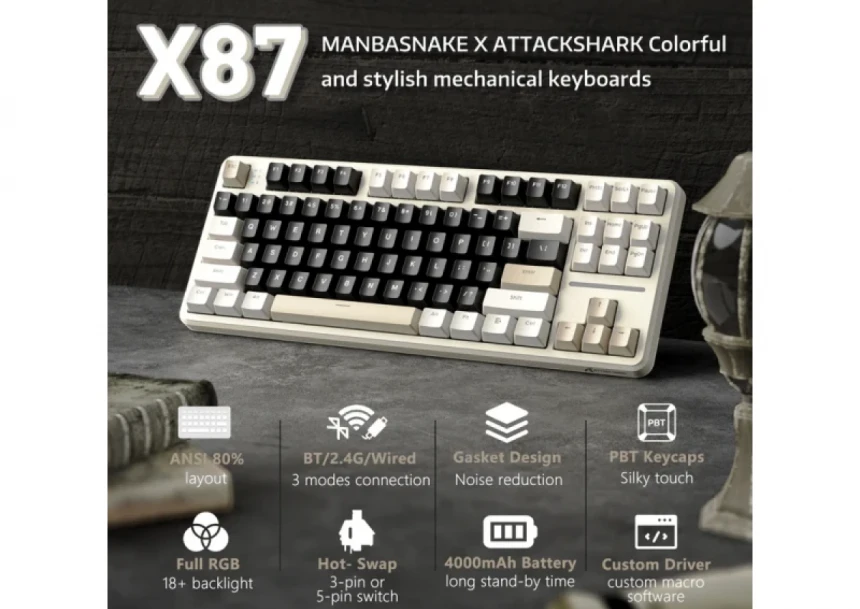 Bežična gaming tastatura Attack Shark X87 Mehanička/TriMode/4000mAh/Hot Swap/Cheese White