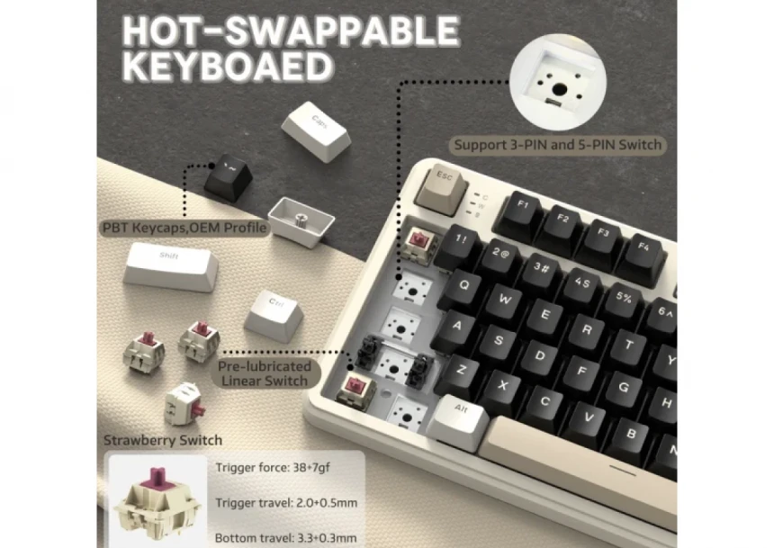 Bežična gaming tastatura Attack Shark X87 Mehanička/TriMode/4000mAh/Hot Swap/Cheese White