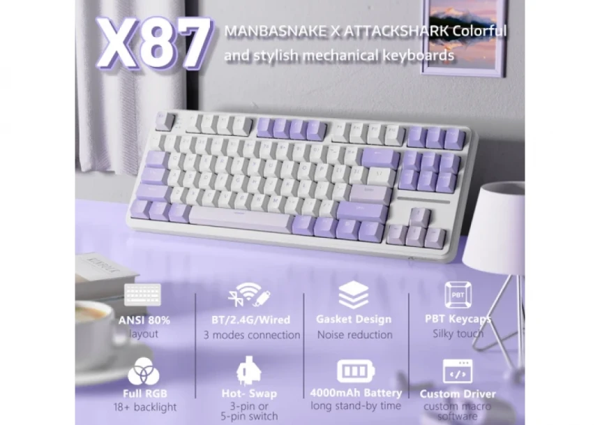Bežična gaming tastatura Attack Shark X87 Mehanička/TriMode/4000mAh/Hot Swap/Twilight