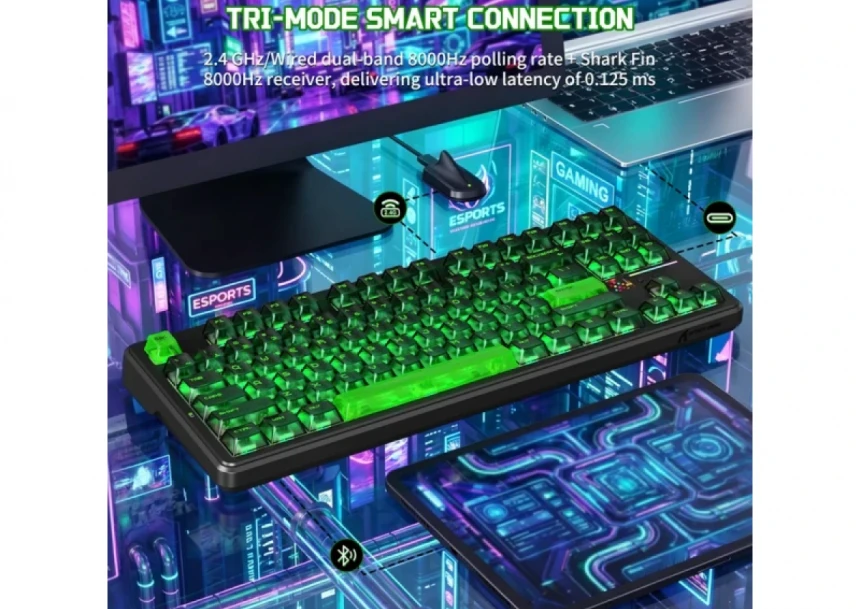 Bežična gaming tastatura Attack Shark X87 Ultra Mehaniča/8KHz/Tri-Mode/Dot-Matrix Screen/Shadow Jade