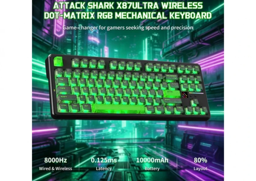 Bežična gaming tastatura Attack Shark X87 Ultra Mehaniča/8KHz/Tri-Mode/Dot-Matrix Screen/Shadow Jade