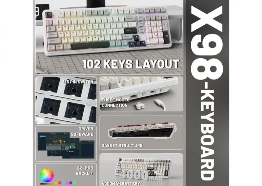 Bežična Gaming tastatura Attack Shark X98 Mehanička/Full Size/TriMode/Gasket/Cheese White
