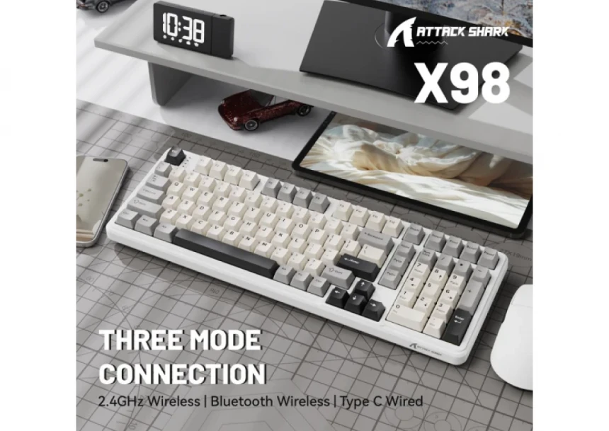 Bežična Gaming tastatura Attack Shark X98 Mehanička/Full Size/TriMode/Gasket/Cheese White