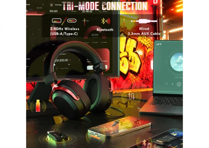 Bežične gaming slušalice Attack Shark L30PRO 50mm/7.1 Surround/TriMode/Aluminium/1100mAh/Black red