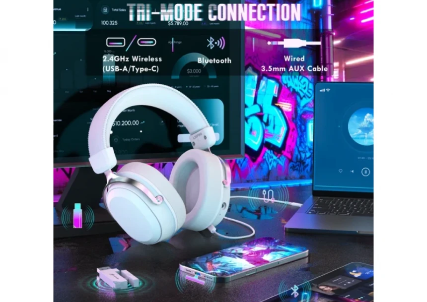 Bežične gaming slušalice Attack Shark L30PRO 50mm/7.1 Surround/TriMode/Aluminium/1100mAh/White
