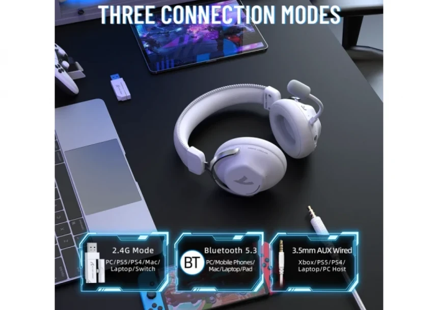 Bežične gaming Slušalice Attack Shark L50Pro 53mm/7.1 Surround/TriMode/1100mAh/Aluminium/White
