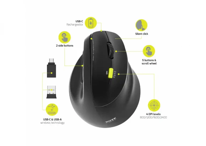 Bežični miš Port Designs Ergonomic 2.4 GHz Bluetooth punjivi