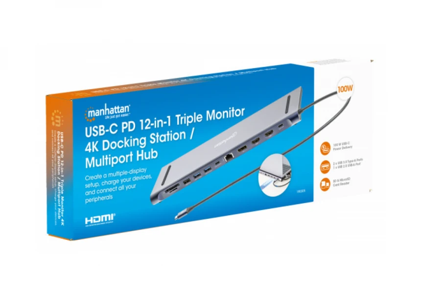 Docking station Manhattan 12in1 USB-C 100W-2xHDMI/DP/GLAN/3xUSB/USB-C 190305