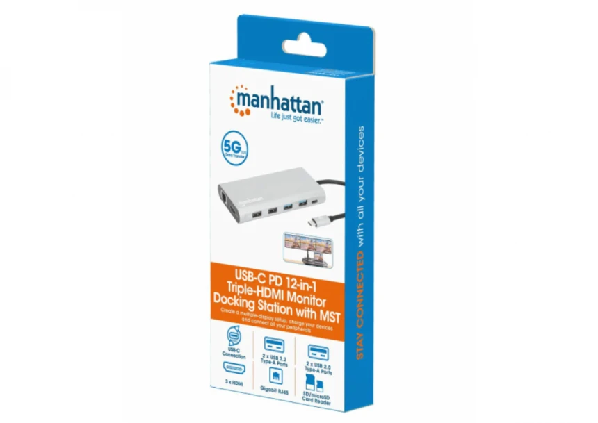 Docking station Manhattan 130660 12in1 USB-C - 3xHDMI/4xUSB/LAN/CR/PD 100W