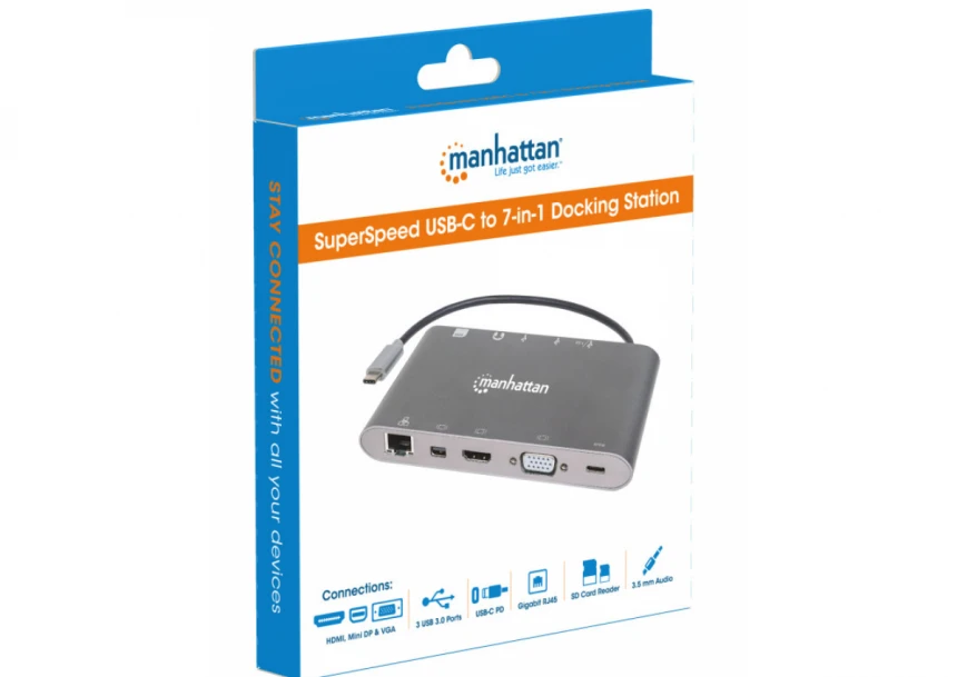 Docking station Manhattan 152808 7in1 USB-C - HDMI/VGA/mDP/3xUSB/LAN/CR/PD 60W