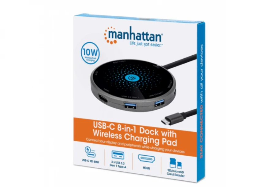 Docking station Manhattan 166560 8in1 USB-C - HDMI/3xUSB/CR/PD 60W/bež. punjač  