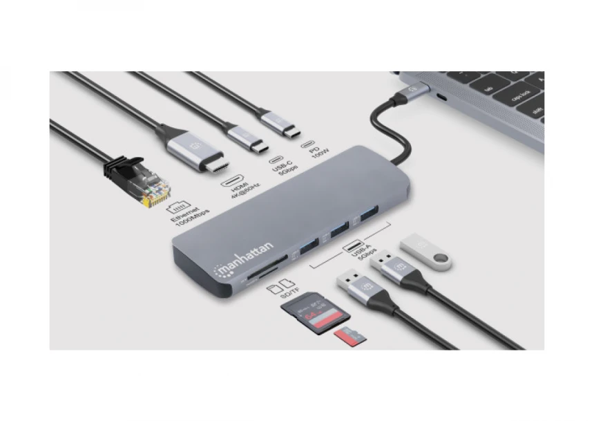 Docking station Manhattan 190459 9in1 USB-C - 1xHDMI/5xUSB/LAN/CR/PD 100W