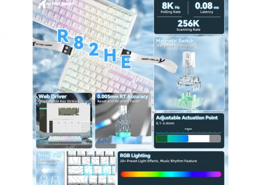 Gaming tastatura Attack Shark R82HE Magnetic Switches/8KHz/RT/Snap Tap/DKS/MT/TGL/White Countur